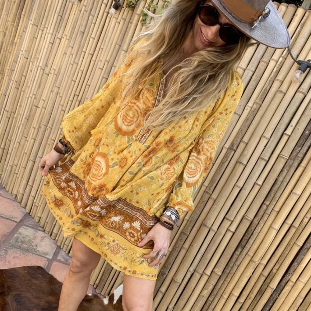mustard floral print v neck sunflower midi dress